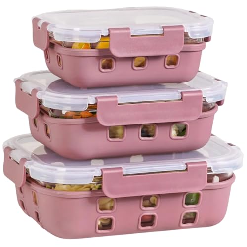 Image of Nestasia Gripso Glass Containers Set of 3 with Silicone Sleeve & Locking Lid (370ml, 600ml, 1000ml), Rectangle Food Storage Containers for Kitchen | Microwave, Dishwasher & Freezer Safe (Mauve)