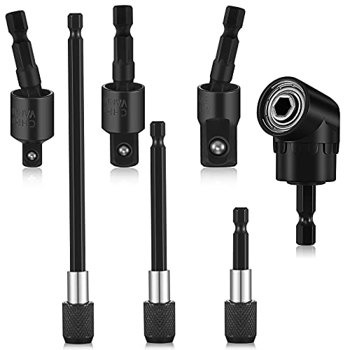 7 Power Drill Sockets Adapter Extension Sets 3 Magnetic Screwdriver Bit Holder 3 1/4 3/8 1/2 Inch 360 Degree Rotatable Power Drill Sockets Adapter 105 Degree Right Angle Screwdriver Drill Bit, Black
