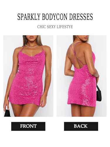 Image of MIYIEONZ Women's Sequin Sparkly Glitter Dress Sexy Sleeveless Backless Spaghetti Strap Party Club Bodycon Mini Dress