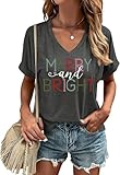 Womens Merry and Bright Christmas V Neck T Shirt Coloful Letter Printed Graphic Tee Xmas Holiday Casual Winter Tops(L,Grey-Bright)