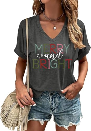 Womens Merry and Bright Christmas V Neck T Shirt Coloful Letter Printed Graphic Tee Xmas Holiday Casual Winter Tops(L,Grey-Bright)