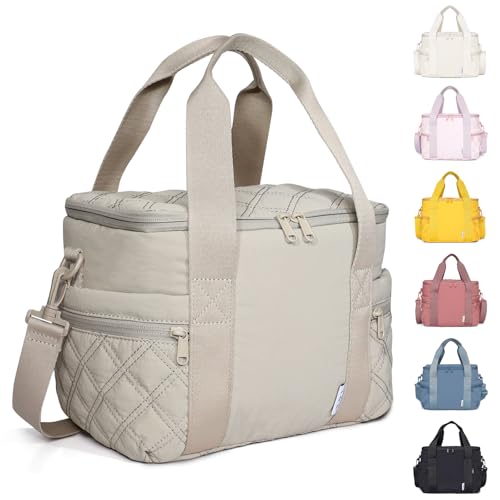 NOL Women's Nylon Lunch Cooler Cute Quilted Lunch Bag Large Leakproof Insulated Lunch Tote Bag for Work Picnic Travel,Khaki