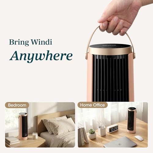Image of Levoit Windi Mini Tower Fan for Bedroom, Portable Desk Fan, 20dB Quiet | 23ft /s Oscillating Fan, 3 Angles 4 Speeds, Bladeless, Easy to Carry, DC, Remoter, 12H Timer, for Home, Room, Office, Clay