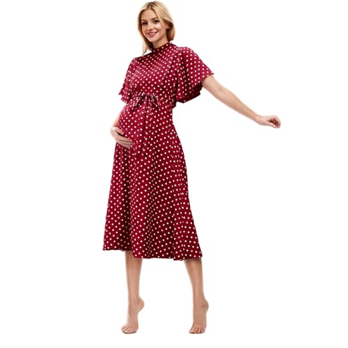 HGps8w Women's Elegant Polka Dots Maternity Dress Mock Neck Ruffle