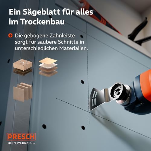 Presch Starlock Sägeblatt Gipskarton, Holz & Nägel 40x32mm - Multitool Sägeblatt für werkzeuglosen Wechsel - Saubere, exakte Schnitte dank asymmetrischem Dual-Tec Design - Präzises Tauchsägeblatt