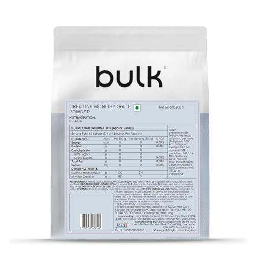 Image of Bulk Creatine Monohydrate 500g (1.1 lb) - Unflavoured Pure Supplement for Muscle Strength & Performance -Vegan, Non-GMO