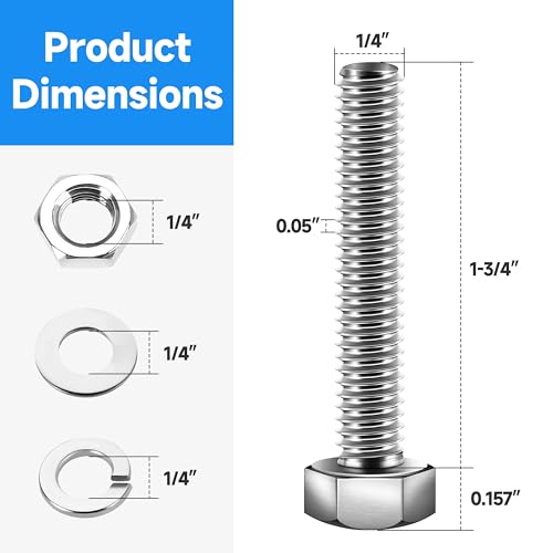 Image of (12 Sets) 1 /4-20 Bolt, 1 /4-20 x 1-3 /4 inch Hex Head Screws Bolts and Nuts Kit with 1 /4-20 Nuts, Flat & Lock Washers, Fully Threaded, 1 /4 20 Stainless Steel Bolts, Bright Finish by Marysino