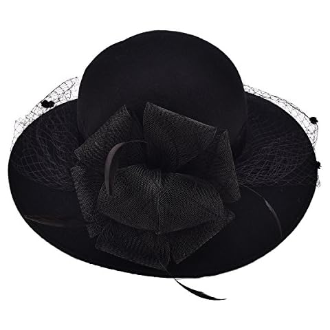 Lawliet Womens Wool Felt Floral Veil Netting Feather Wide Brim Derby Hat (Black) Cover