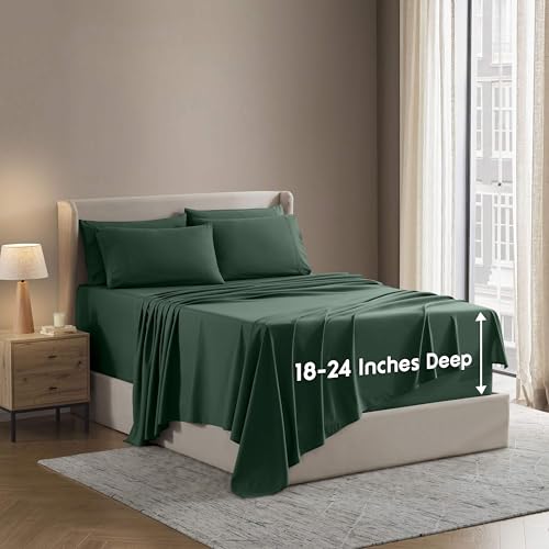 Image of Nestl Extra Deep Split King Sheet Set - 7 Piece Breathable & Cooling Sheets - Hotel Luxury Bedding Set w /18-24 Inch Deep Pockets - Easy & Secure Fit - Super Soft, Wrinkle Free & Comfy - Dark Green