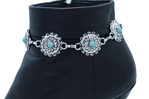 Women Western Fashion Jewelry Antique Metal Boot Chain Anklet Shoe Flower Charm Strap Turquoise Blue Bead3