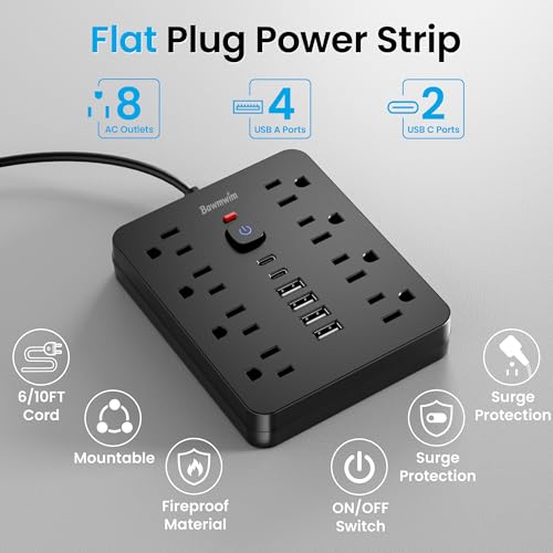 Surge Protector Power Strip, 8 Outlets(1250W/10A), 6 USB Charging Ports(2 USB C), 6FT Flat Plug Extension Cord Outlet Extender with Overload Protection, ETL Certified for Office, Dorm Room - Image 4