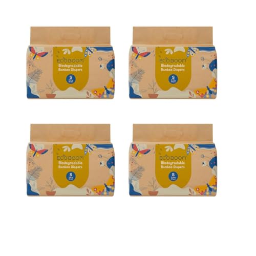 ECOBOOM - Pañal Ecológico de BAMBÚ Eco Boom. 70% Biodegradable, Hipoalergénico (TALLA 2/S, 3-8 KG, PACK 4 BOLSAS, TOTAL 144 PAÑALES)