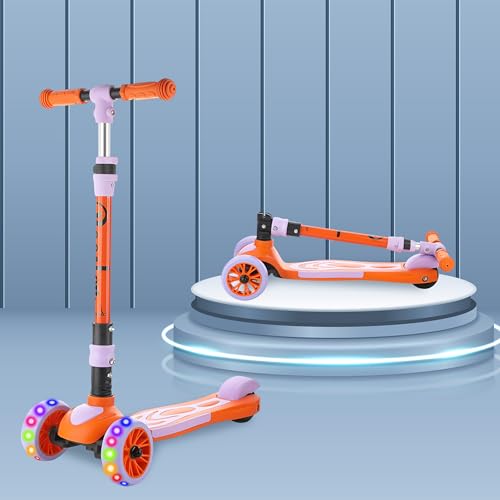 Image of Toyshine 3 Wheel Rooster LED Light Up Wheels Runner Scooter with Anti Slip ABS Base Aluminium Structure Height Adjustable Handlebar Max Load 45kg for Boys and Girls Ages 4 and Above - Orange