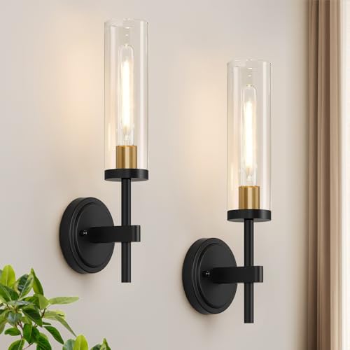 Image of Hardwired Wall Sconces Set of Two, Black and Gold Bathroom Sconces with Clear Glass, Modern Wall Light Fixtures for Bathroom Mirror Vanity, Living Room, Bedroom, Hallway, Stairway, Cabinet, Foyer
