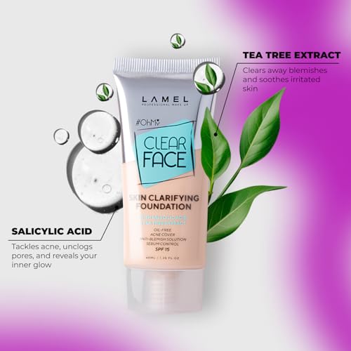 Image of Lamel- Oh My Clear Face Foundation- №401-Soft Beige |Acne Coverage - SPF-Enhanced | Salicylic Acid & Tea Tree Extract | Dewy & Flawless Finish | Sensitive Skin Care |Organic & Oil-Free | 40 ml