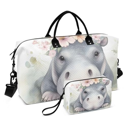Large Travel Duffel Bag, Hippo Cute Garland Sport Tote Gym Bag, Shoulder Weekender Overnight Bag for Women Men, Carry On Luggage with Toiletry Bag
