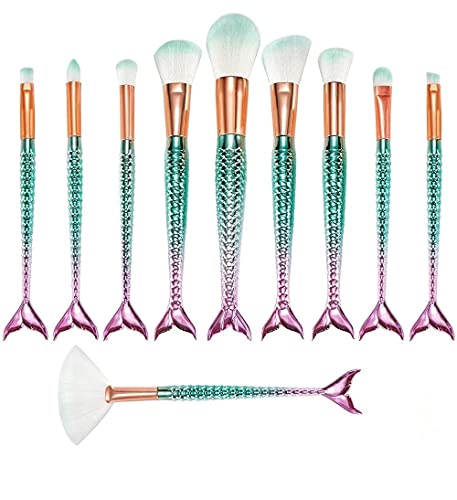 Image of ELEGAR Colorful Fish Tail Handle Makeup Brush Set - Foundation, Eyebrow, Eyeliner, Blush, and Concealer Brushes - Cute Christmas Stocking Stuffers and Gifts for Girls (10 pcs makup kit)