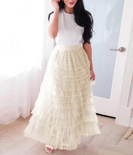 Women's Long Maxi Ruffled Tiered Tulle Skirts Elastic Waist A-Line Layered Mesh Tutu Cake Skirt Petticoat4