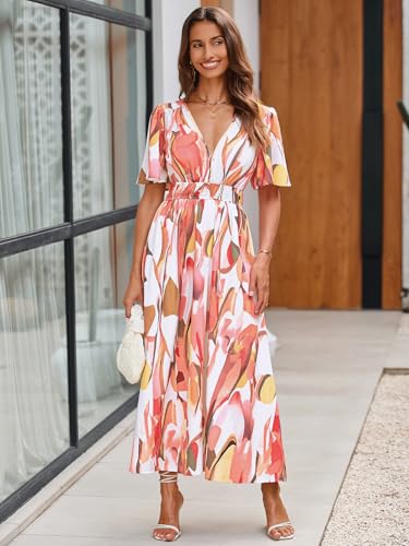 Image of Flessibili Womens Short Sleeve Floral Maxi Dresses 2026 Spring Wedding Guest Party Summer Dress Pink Watercolor X-Large