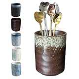 Stoneware Coffee Bar Utensil Holder Tea & Coffee Spoon & Stirrer Holder for Stir Stick Straw Teaspoon Holder Spoon Cup Small Utensil Jar (Retro Rustic Brown)