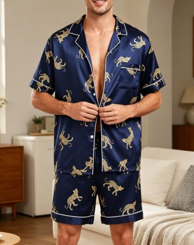 Image of SWOMOG Men Satin Silk Pajamas Sets Short Sleeve Sleepwear Button-Down PJs Sets Two-Pieces Loungewear with Pockets