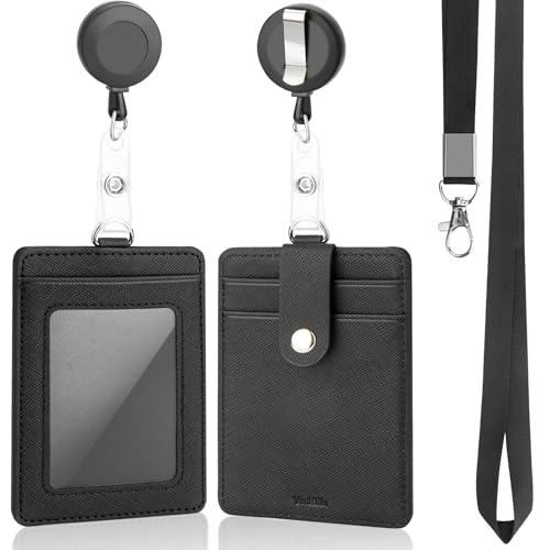 Yeokliin PU Leather Badge Holder with Lanyard, Black Lanyard with Retractable Reel Clips, Multiple Card Slots with Leather Snap, ID Badge Holder for Office Staff Doctor Teacher