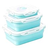 ZIJANG 3 Piezas Fiambreras Plegable, Tapers para Comida Hermetico con Tapa, Caja de Alimentos Plegable 350ml/500ml/800ml, Azul Recipientes Herméticos de Silicona, para Almacenamiento, Oficina, Camping