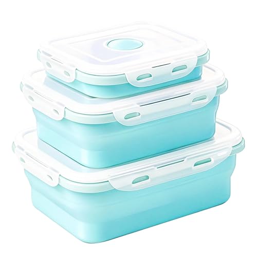 ZIJANG 3 Pièces Boite a Lunch Pliable, Boite Hermetique Alimentaire avec Couvercle, Set de Lunchbox Silicone 350 ml/500 ml/800 ml, Bleu Boîtes à Déjeuner...