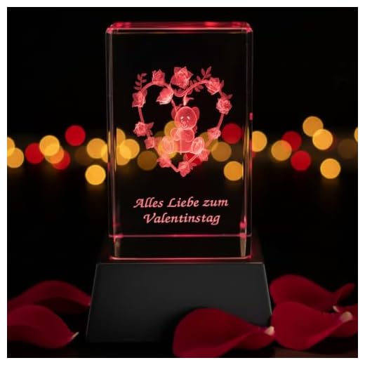 Kaltner Präsente Stimmungslicht – EIN ganz besonderes Geschenk: LED Kerze/Kristall Glasblock / 3D-Laser-Gravur Valentin Teddy Rose Herz Alles Liebe ZUM Valentinstag
