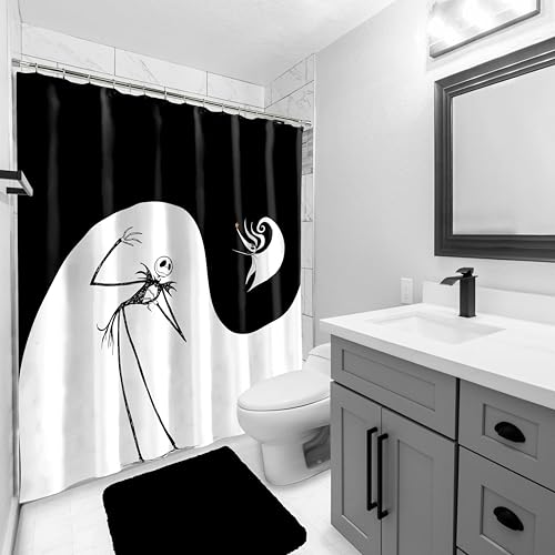 Image of Jay Franco Disney Nightmare Before Christmas Fabric Shower Curtain - Kids Swirl Black and White Bathroom Decor with Jack Skellington and Zero