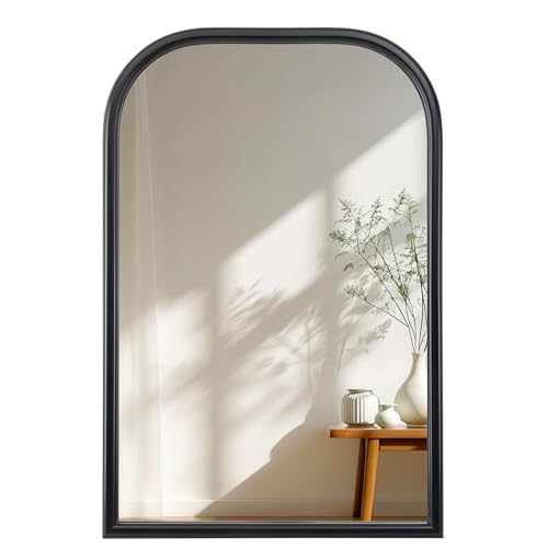 Image of Arch Wall Mirror for Wall Mounted, Tempered Glass, Wood Grain Finish Frame Wall Mirror Decorative for Bedroom Living Room Vanity Mirror (Black, 30 inch L x 20 inch W)