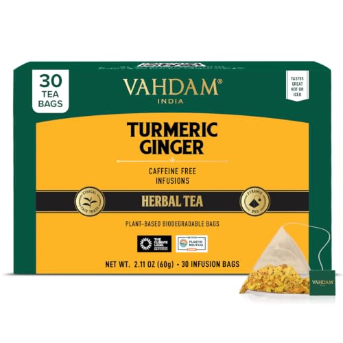 VAHDAM, Turmeric Ginger Herbal Tea Bags (30 Pyramid Tea Bags) Caffeine Free, Non GMO, Gluten Free | 100% Pure Herbal Blend - Savory &amp; Spicy | Individually Wrapped Pyramid Tea Bags | Direct from Source