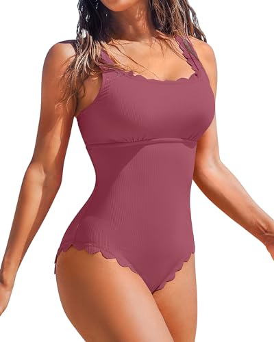 Image of Charmo Womens Scalloped One Piece Swimsuits Modest Bathing Suits | Square Neck,Ribbed,Push Up Removable Cups,Adjustable Wide Straps,Cutout Back,Beach,Pool