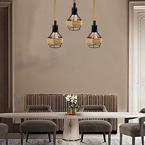 Retro Hemp Rope Island 3 Head Ceiling Light Fitting, 3 Way Cluster E27 Pendant Light with Metal Bird Cage Vintage Industrial Ceiling Lamp for Living Room (Rectangle 3)