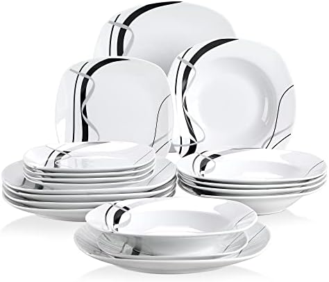 VEWEET 'Fiona' 18-Piece Dinner Set Porcelain Ivory White Black Lines Dinnerware Set of 6 * 9.75" Dinner Plate, 6 * 7.5" Dessert Plate, 6 * 8.5" Soup Plate, Service for 6