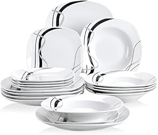 VEWEET 'Serena' 18-Piece Dinner Set Ivory White Irregular Patterns Porcelain Plates Set of 6 x 7.5" Dessert Plate/ 8.5" Soup Plate/ 9.75" Dinner Plate