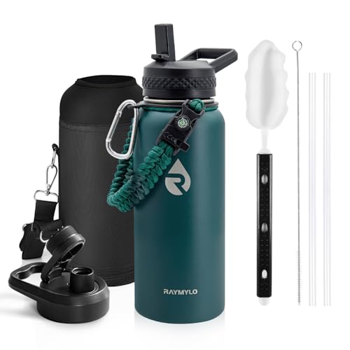 Image of RAYMYLO Insulated Water Bottle 32 oz, Triple Wall Vacuum Stainless Steel (Cold for 24Hrs, Hot for 12Hrs), Leak Proof & Non-BPA, Modern Water Flask Jug with Paracord Handle & Straw Spout Lids