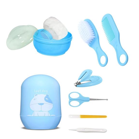 Fancy Walas Presents Newborn Baby 1 Set Baby Comb and Hair Brush 1 Piece Baby Powder Puff with 1 Pack Grooming Kit with 4 in 1 Nail Care Baby Gift Set (Blue)-image-43