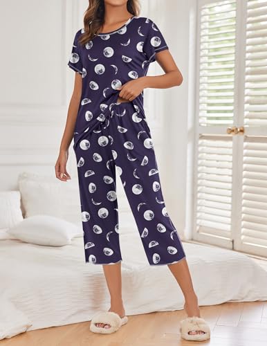 Image of Ekouaer 2 Pack Womens Pajamas Sets Short Sleeve Tops and Capri Pants Pjs Colorful Printed Sleepwear Sets