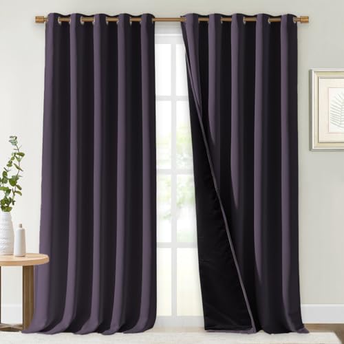 Image of NICETOWN 100% Blackout Curtains for Windows, Pack of 2, 70 inch W x 108 inch L, Greyish Purple, Super Heavy-Duty Black Lined Total Darkness Drapes for Bedroom, Privacy Assured Window Treatment for Patio