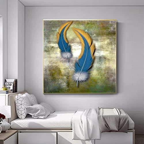 Toile abstraite plumes nordiques grand format 70x70cm pour habiller un mur vide