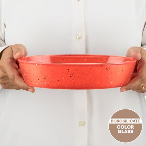 Image of Borosil 700 ml Baking & Serving Oval Shape Dish | Borosilicate Glass Bakeware and Serveware Tray | Microwave, Oven & Dishwasher Safe Bowl | Transparent Container (Kube Pink)