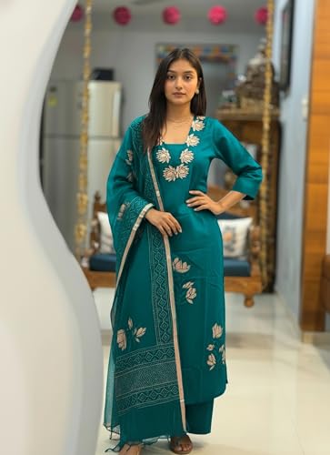 Image of ANNI Designer Women's Rayon Viscose Straight fit Printed Embroidered Kurta with Pant & Dupatta | Ethnic Kurta Set for Women | Daily, Office & Festive Traditional
