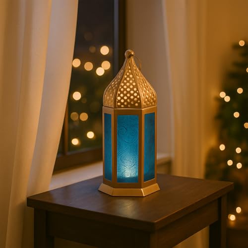 Image of MARKET 99 Metal+Glass Moroccan Lantern with Embosed Glass | for Diwali, Christmas, Birthday, and Wedding | Decorative Candle Holder for Home Decor-Golden & Blue | (Use LED T-Light only)