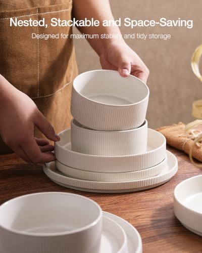 Image of Famiware Star Dinnerware Sets, Plates and Bowls Set for 4, 12 Pieces Ribbed Dishes - Chip and Scratch Resistant, Microwave and Dishwasher Safe Tableware, Matte White
