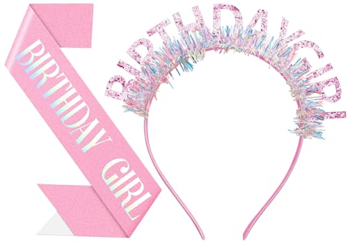 OuryTech Krone Geburtstag, Geburtstag Tiara Für Mädchen Und Damen, Elegantes Headband Mit Schärpe Für Geburtstagsdeko