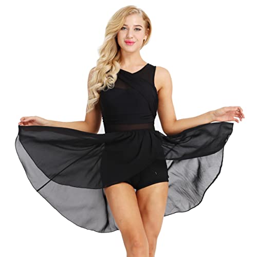 FEESHOW Damen Ballettkleid Tanzbody Ballett Trikot Mit Asymmetrischer Chiffon Rock Lyrische Tanzkleidug Training Performance Tanzkostüm Schwarz XS