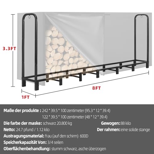 Kendane 8FT Kaminholzregal Metall Außen mit Wasserdichter Abdeckung - Brennholzregal Outdoor Außen Garten, Holzlager & Holzunterstand Brennholzregal Innen (242x39.5x100cm,Schwarz)