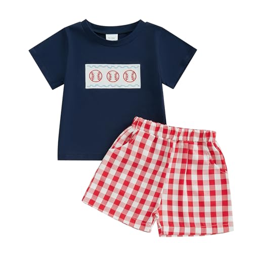 Image of Licupiee Toddler Baby Boys Baseball Outfits Embroidery Short Sleeve T Shirts and Plaid Shorts Set 2Pcs Summer Clothes Sets