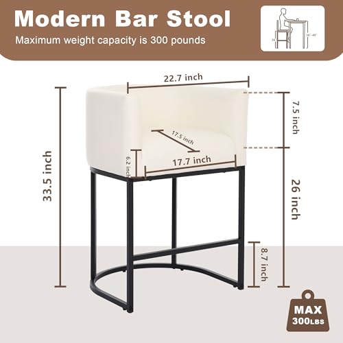 Image of 26 inch Counter Height Bar Stools Set of 4, Faux Leather Upholstered Barrel Chairs with Back and Arms, Metal Frame Kitchen Island Stools with Footrest, Cream White